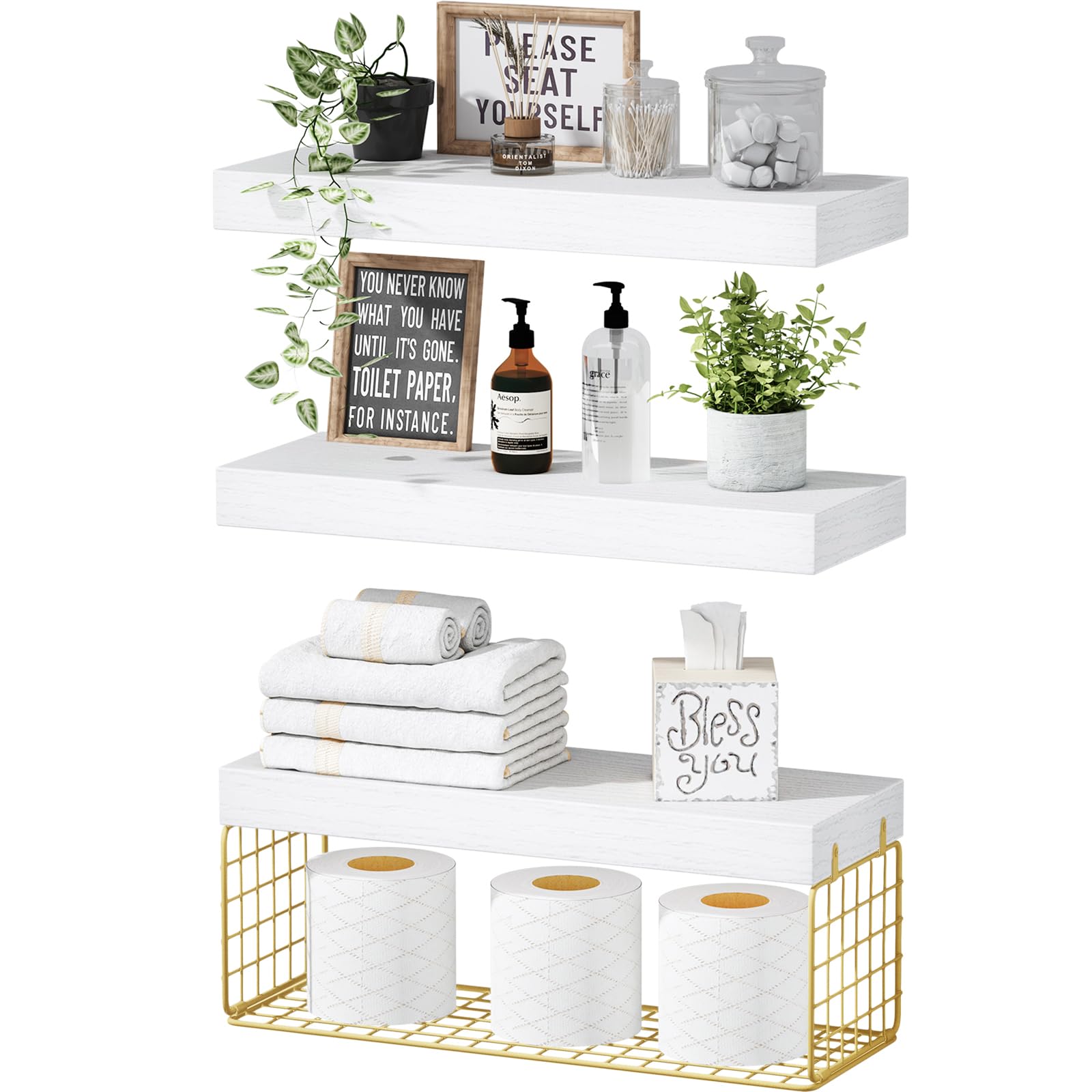 Photo 1 of QEEIG Bathroom Shelves Over Toilet - Wall Mounted Floating Shelves Toilet Paper Storage Small Modern Decor Shelf 16 inch Set of 3, White and Gold (019-WG3)