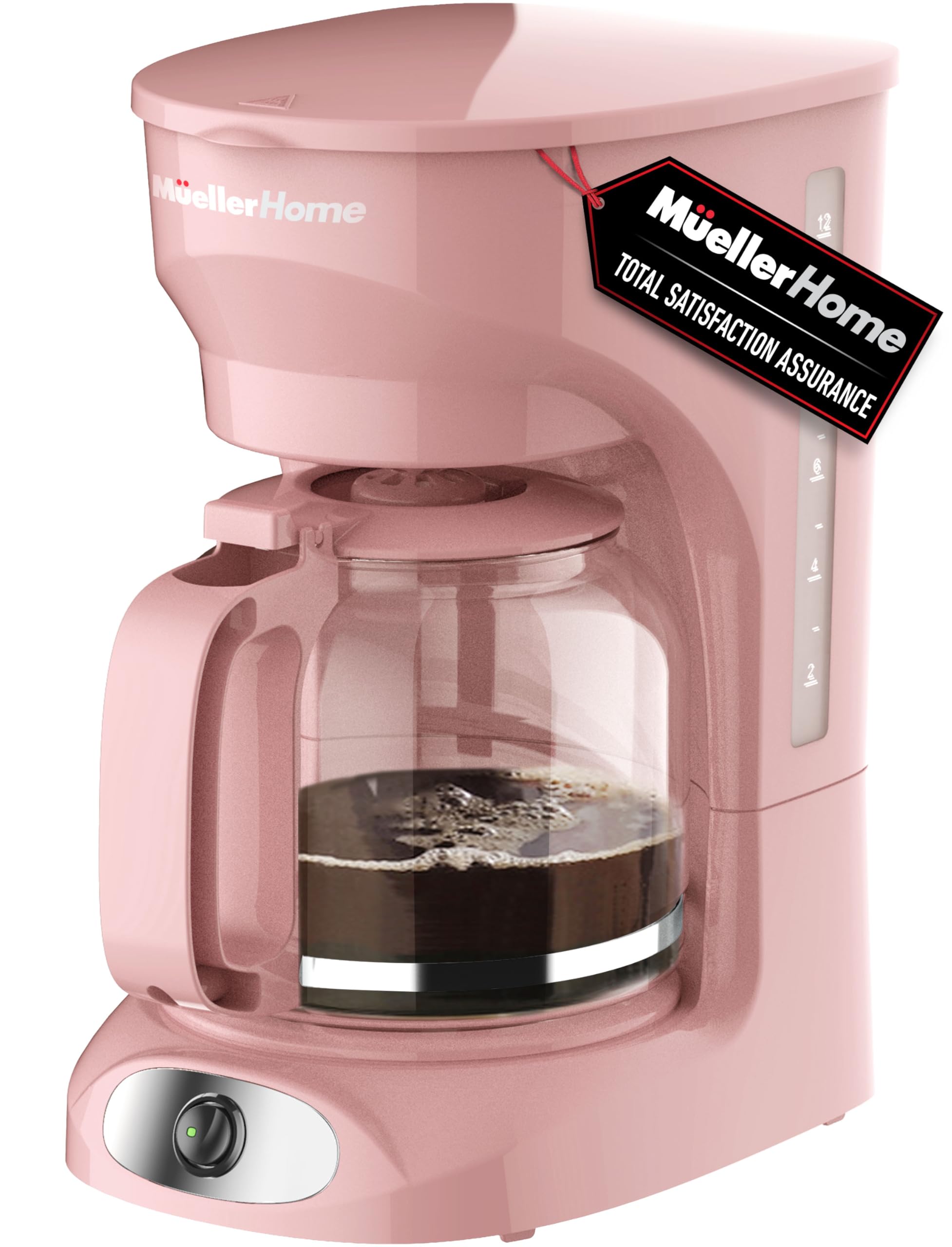 MUELLER HOME 12-Cup Pink Coffee Maker - Borosilicate Carafe, Auto-Off, Pink Kitchen Accessories, Reusable Filter, Anti-Drip, Kitchen Appliances, Keep-Warm Function