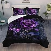 AILONEN Purple Rose Comforter Set Queen Size, 3D Oil Painting Purple Rose Bedding Set for Girls Couple Lover,Romantic Flowers Bed in a Bag 3 Pcs,1 Quilt and 2 Pillowcases,Soft Microfiber