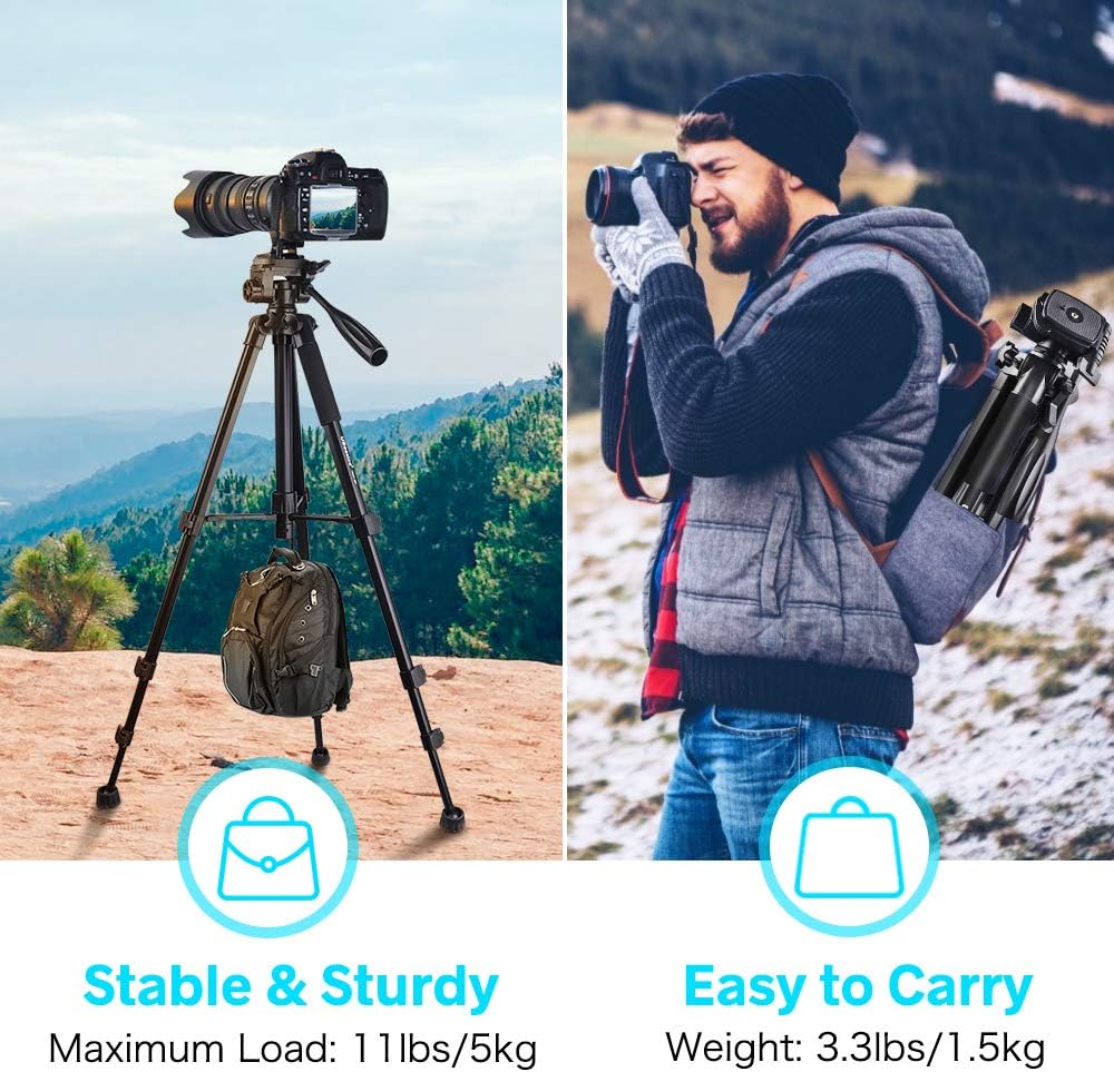 Torjim 60” Camera Tripod with Carry Bag, Lightweight Travel Aluminum Professional Tripod Stand (5kg/11lb Load) with Bluetooth Remote for DSLR SLR Cameras Compatible with iPhone & Android Phone-Black : Camera & Photo