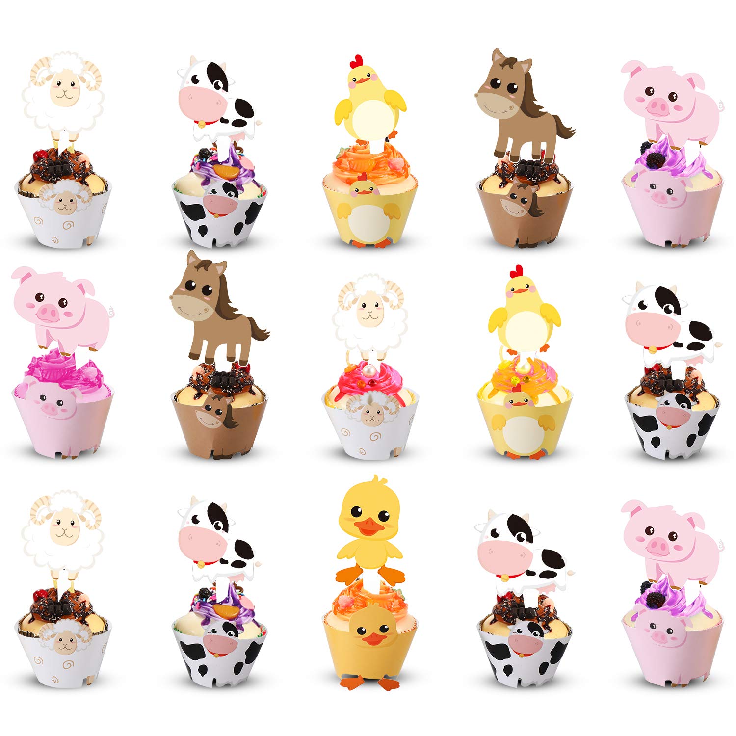 Blulu 60 Pieces Farm Animal Cupcake Wrappers and Toppers for Farm Theme Party - Cupcake Wrappers Toppers Farm Animal Birthday Party Decoration Baby Shower Supplies