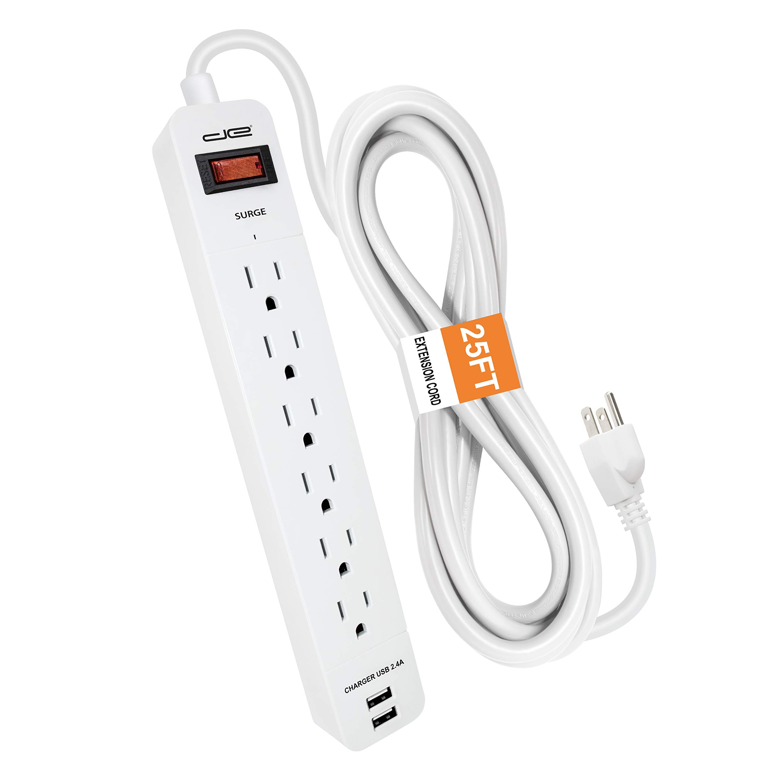 Photo 1 of Digital Energy 6-Outlet + 2 USB 1050 Joule Surge Protector Power Strip with 25-Ft Long Extension Cord, White, UL Listed