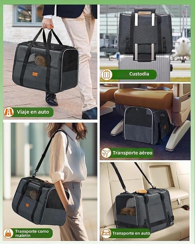 Transportín Perro Gato, Bolsa de Transporte Transpirable para Mascotas, Portador de Viaje con Correa de Hombro Ajustable, Transporte de Gato con Colchón Suave + Tazón Plegable 45,7L x 31,8W x 35,6H cm