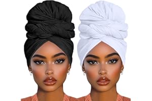 COOKOO 2 Piece Stretch Head Wrap Hijab Extra Jersey Turban Long Solid Color African Head Scarf Long Scarf Fashion Head Scarfs Lightweight Breathable Head Bands for Women(Black+White)