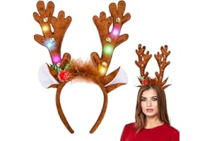 MCPINKY Reindeer Antlers Headband, LED Deer Antlers Headband with Bells Light Up Christmas Reindeer Hairband Reindeer Ears Headband for Kids Adult Christmas Cosplay Party Favors