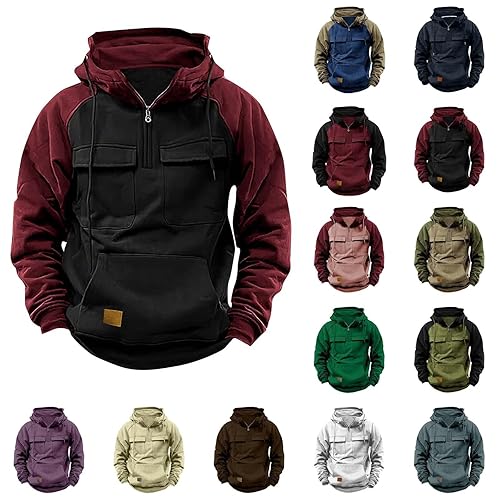AMDOLE Hoodie for Men UK Half Zip Hooded Sweatshirt Cargo Vintage Pullover Casual Solid Color Hoody Drawstring Jumper Workout Gym Sports Outdoor Sportwear with Kanga Pocket Black-c L