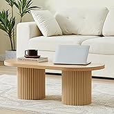 Fluted Oval Coffee Table for Living Room, Boho Modern Coffee Table,Natural | Mid Century Modern Coffee Table with Fluted Legs, Wooden Center Table for Home Office Cafe, Vintage, 39.38" x 19.69" x 13.78"