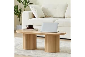 RUSTYER Oval Fluted Coffee Table, Farmhouse Wood Coffee Table Mid Century Modern Center Table Boho Living Room Tables for Living Room Office (Natural, 19.69" D x 39.38" W x 13.78" H)