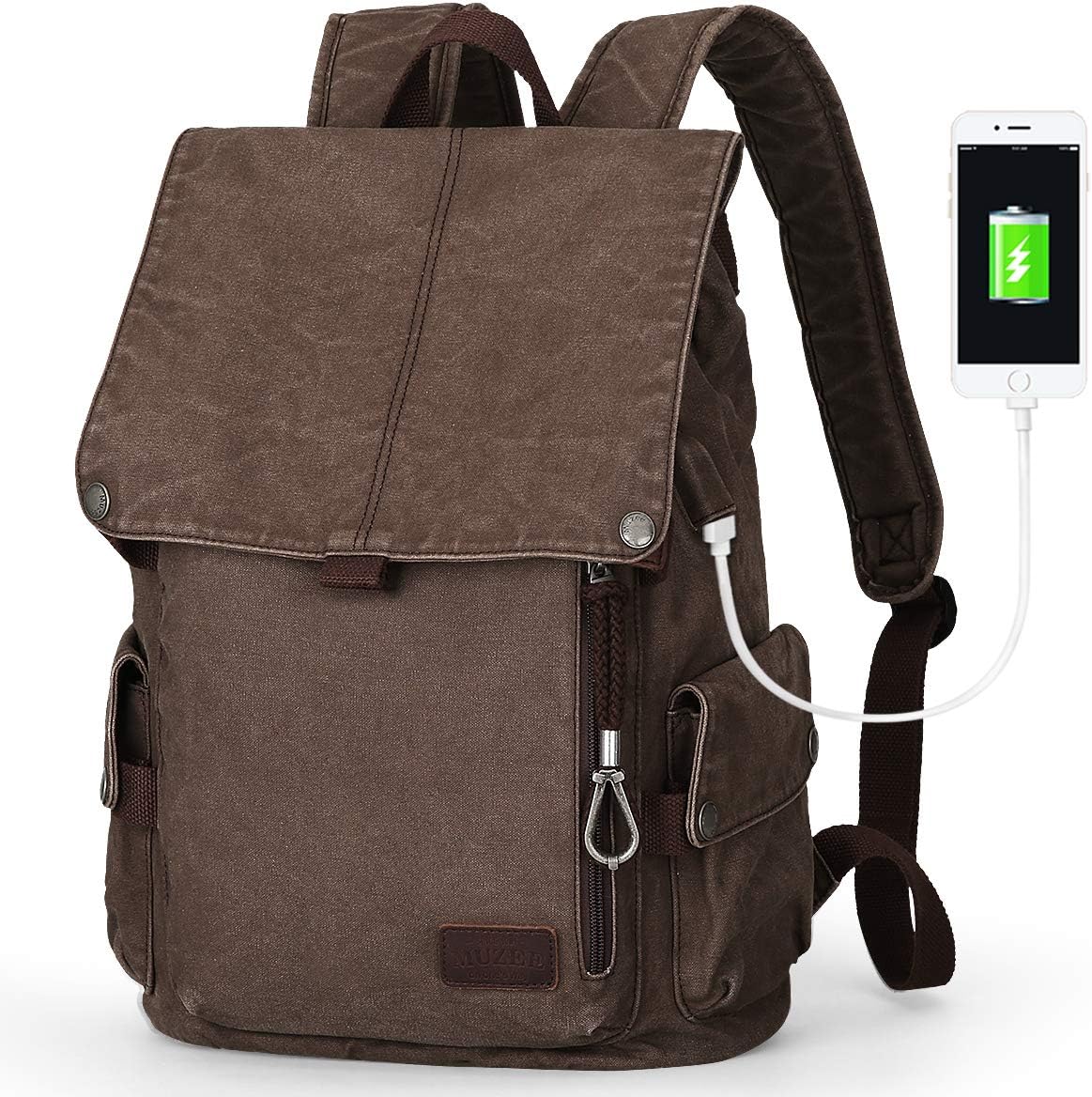 Muzee Canvas Backpack with USB Charging Port for Men Women, Lightweight Anti-Theft Travel Daypack College Student Rucksack Fits up to 15.6 inch Laptop Backpack