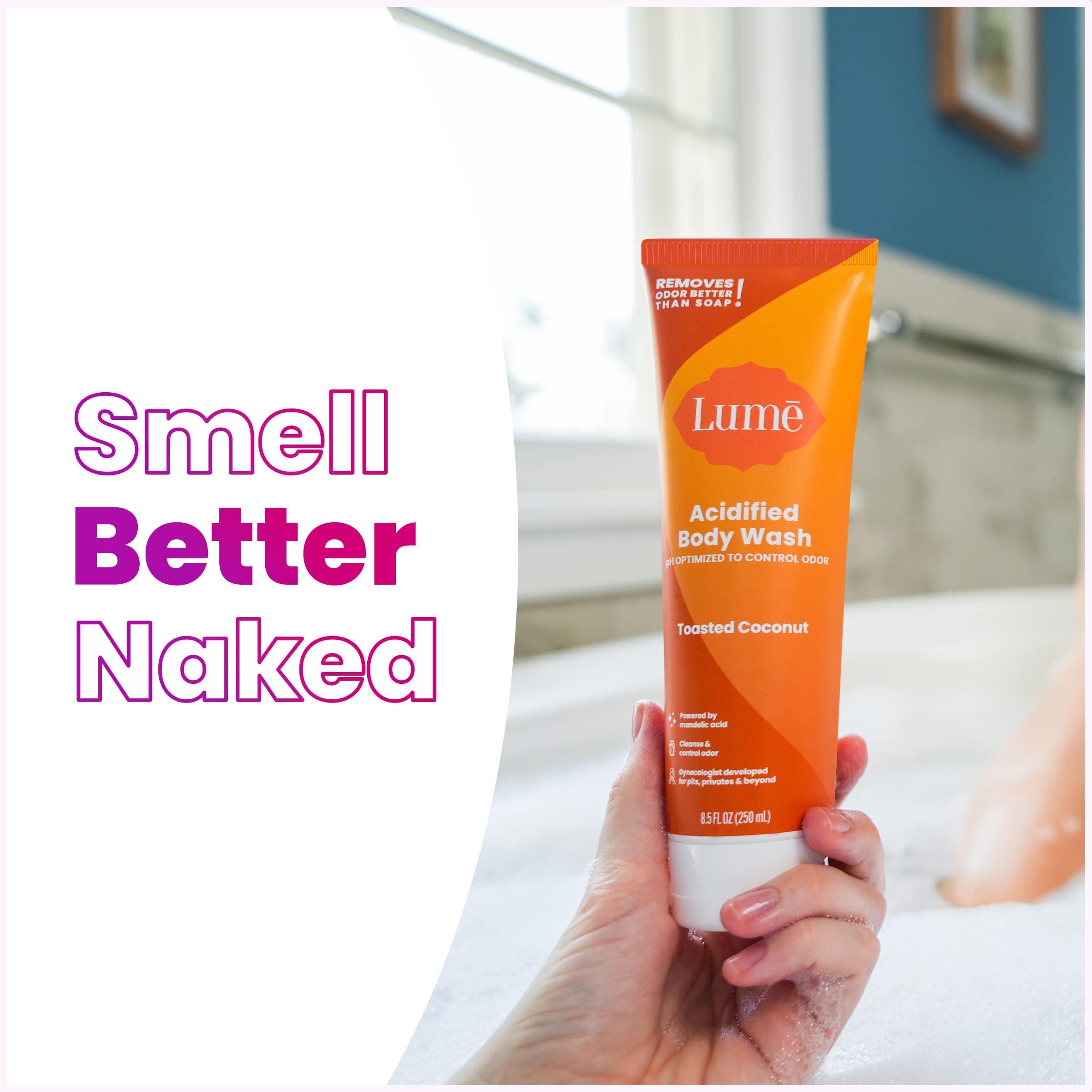 Lume Acidified Body Wash - 24 Hour Odor Control - Removes Odor Better than Soap - Moisturizing Formula - Formulated Without SLS or Parabens - OB/GYN Developed - 8.5 ounce (Toasted Coconut)