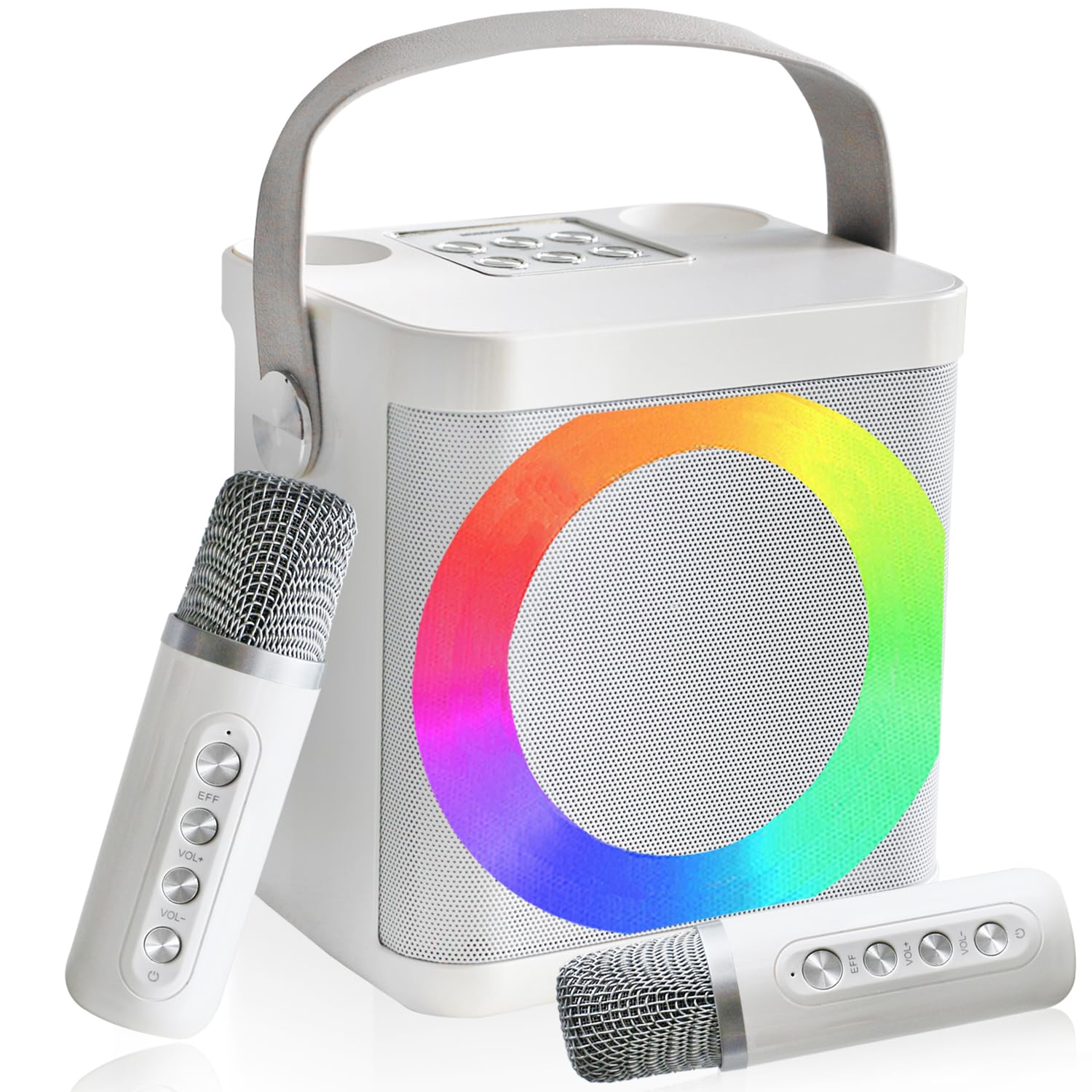 Karaoke Machine, Portable Bluetooth Karaoke Speaker for Adults Kids, with 2 Wireless Mics and Dynamic Lights, for Home Party Gifts,Meeting-White
