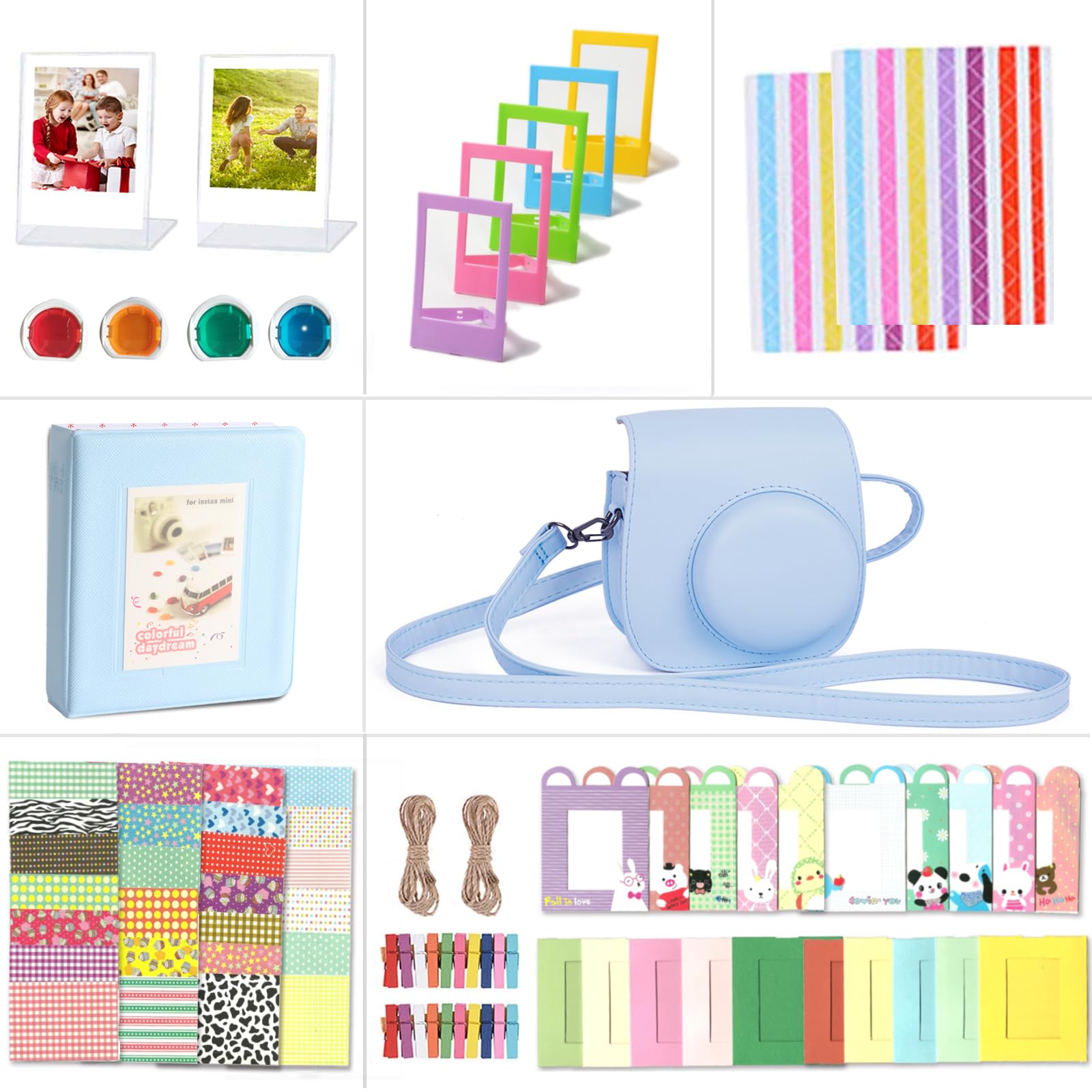 Riosin Instant Mini 12 Accessories Compatible with Fujifilm Instax Mini 12 Camera,Include mini 12 Case,Album,Filters,Wall Hang Frames,Film Frames,Border Stickers,Corner Stickers (Pastel Blue)