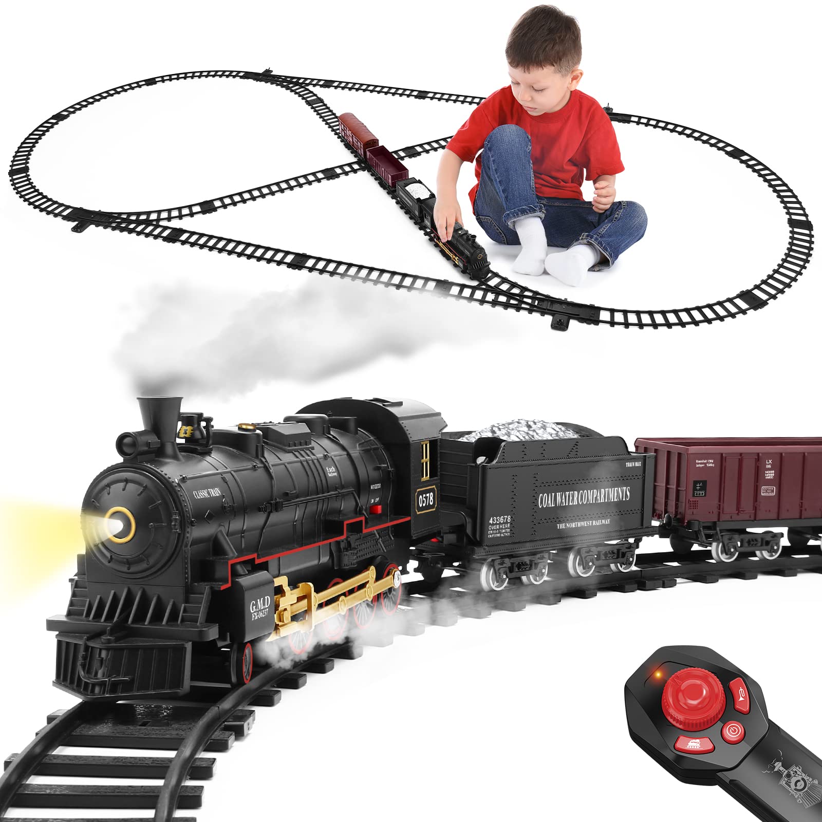 Photo 1 of JONEALA Train Set with Remote Control,Electric Train Track Around Christmas Tree W/Cargo Vehicle,Light & Sounds,Alloy Steam Locomotive Engine Train Toy Gift for Boys Girls 4 5 6 7 8 9 10