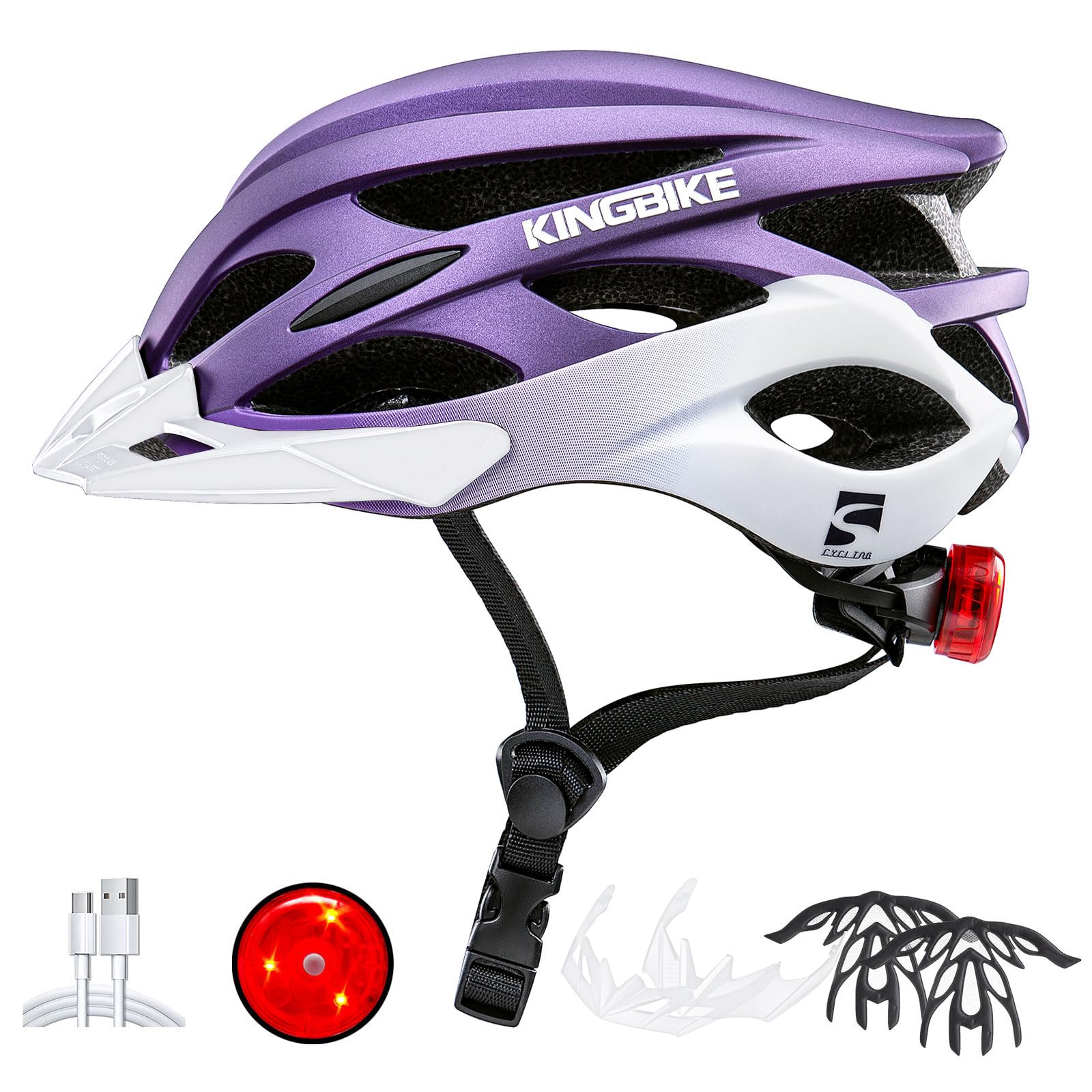 KINGBIKE Bike Helmet for Adult Men Women Youth Road Commute Mountain Cycling Helmets with USB Rechargeable Tail Light Replaceable Inner Pads and Visors Lightweight (Purple White, L) Image