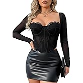 winkbay Women's Lace Crop Corset Tops Sheer Sweetheart Neckline Long Sleeve Fitted T Shirts Going Out Outfits