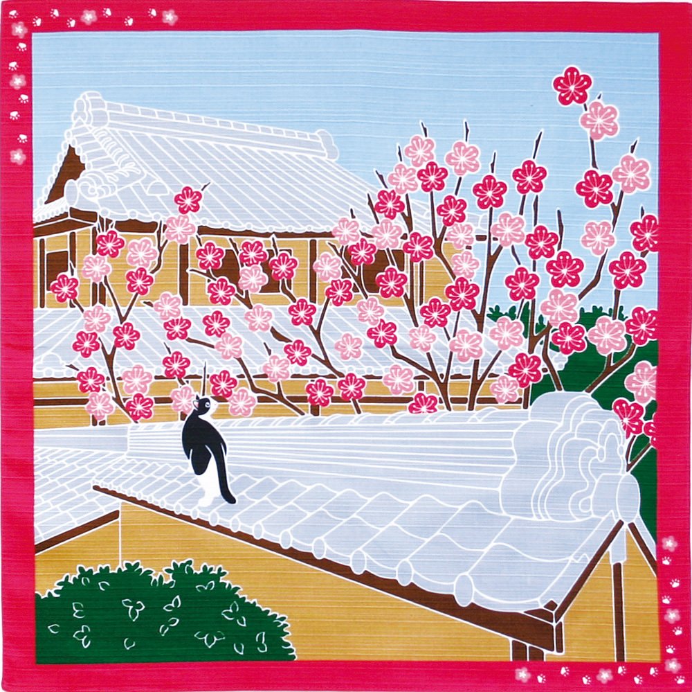 Furoshiki Japanese Wrapping Cloth Towel 50x50cm (Cat Plum Blossom February)