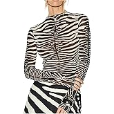 SOLY HUX Women's Zebra Print Mesh Long Sleeve Tops Mock Neck Sheer T Shirt Y2k Going Out Crop Top