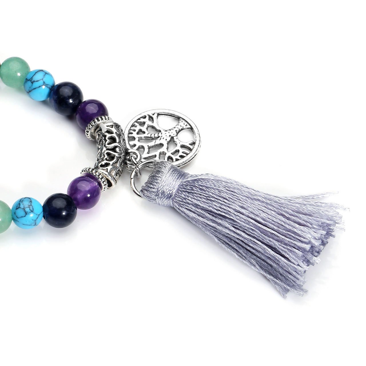MANIFO 7 Chakra Buddhist Prayer Mala Beads Mantra Om Mani Padme Hum 108 Meditation Healing Multilayer Bracelet/Necklace Tree Life Pendant Tassel Charm
