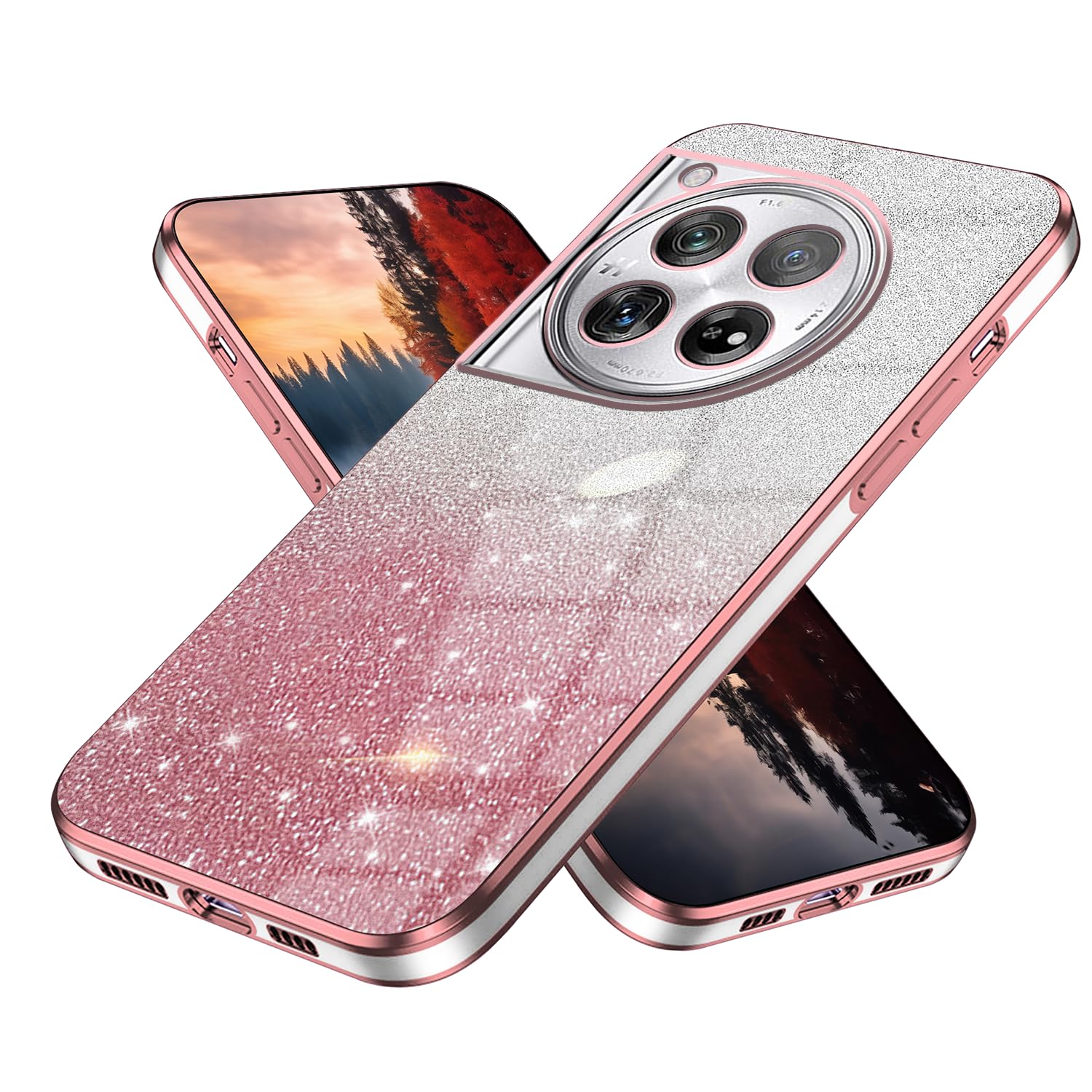Wousunly Compatible with OnePlus 12R Case Clear Glitter, OnePlus 12R Phone Case Sparkly Shockproof Protective Silicone Cases Bling Plating Edge Bumper Cover for Women Girls (Pink)