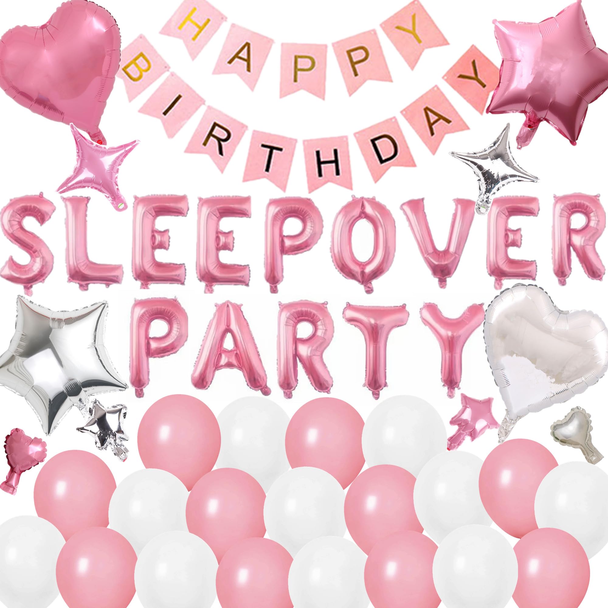 View 1 of **BANNER ONLY**
45 Pieces Sleepover Party Decoration Pink Sleepover Birthday Party Balloons Happy Birthday Banner Star Balloons for Girls Pajamas Slumber Party Night Out Party Decoration (Pink)