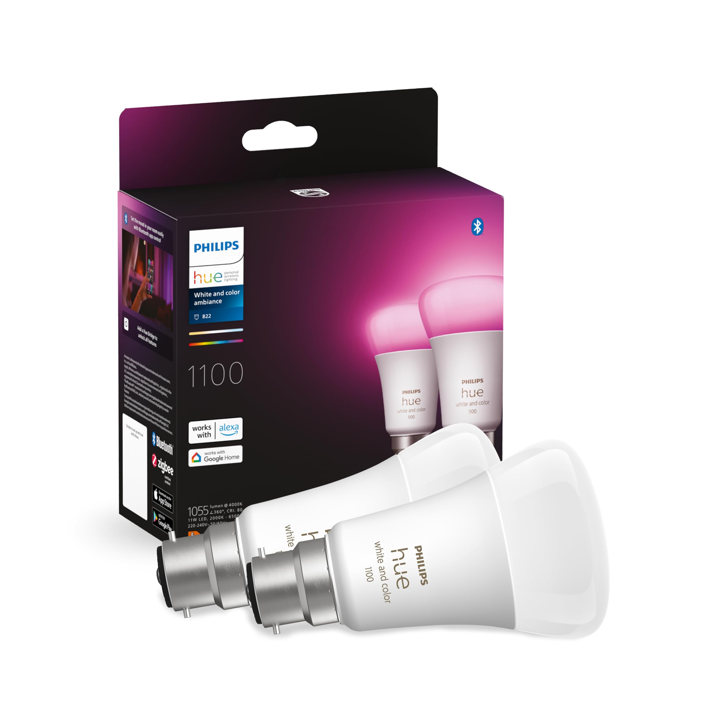 Philips Hue White & Colour Ambiance Smart Bulb Twin Pack LED [B22 Bayonet Cap] - 1100 Lumens (75W Equivalent). Works with Alexa, Google Assistant and Apple Homekit, 2 Count (Pack of 1)