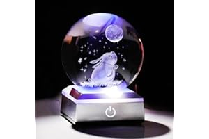 Ornalrist 3.15in. Crystal Ball Engraved 3D Rabbit and Moon Stars Figurine Paperweght with LED Light Base, Glass Bunny Sphere Decor Birthday Easter Gifts for Women Boys Girls