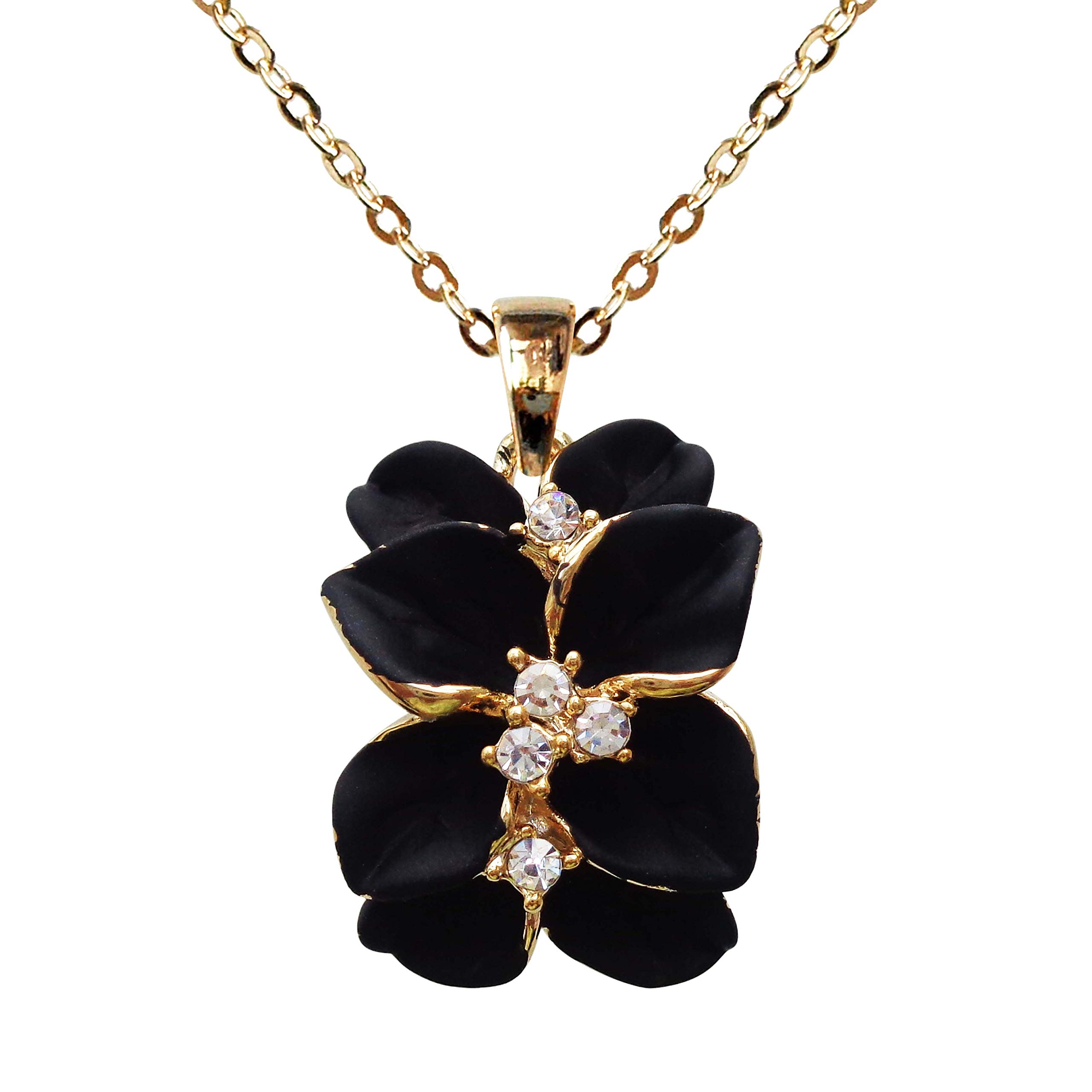 Navachi 18k Gold Plated Clear Crystal Black Enamel Leaves Flower Az6071p Pendant Necklace 16"+2"