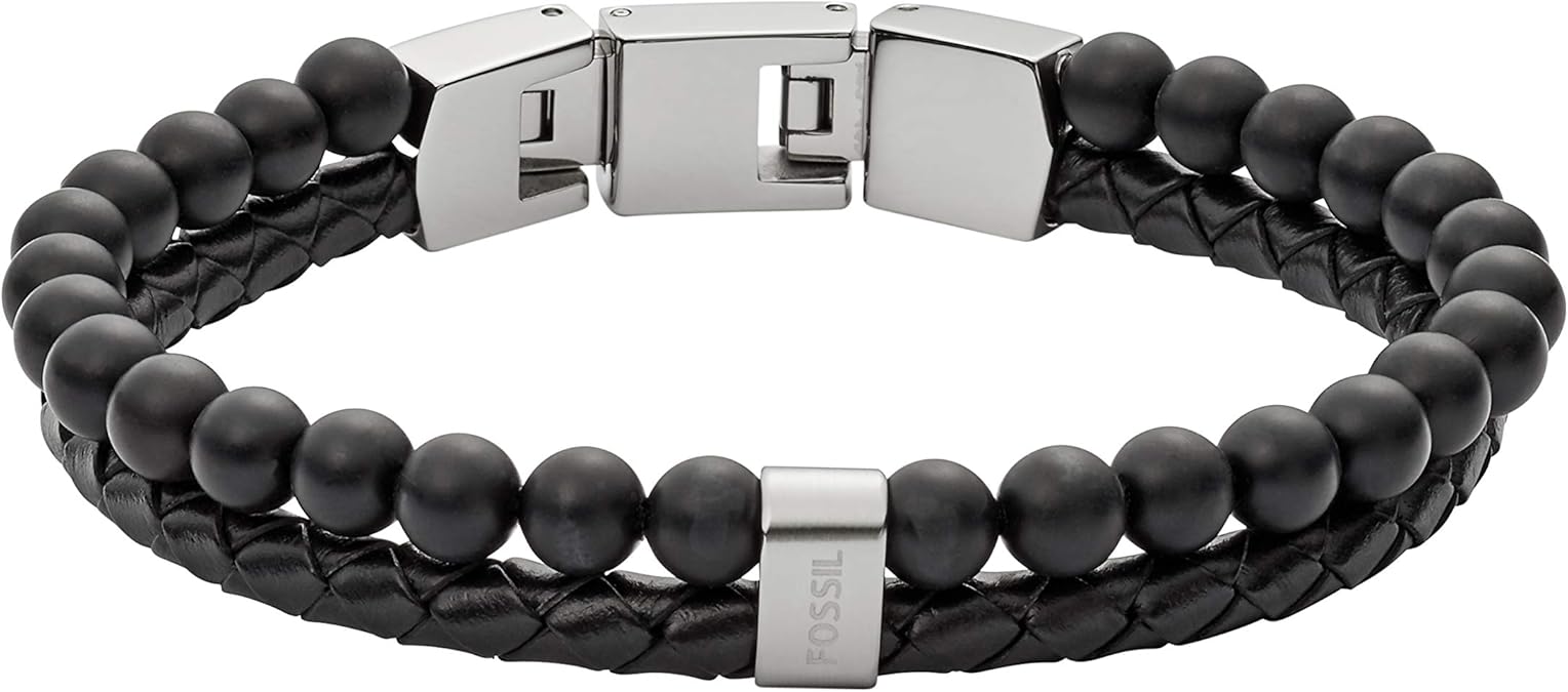 Fossil Men's Leather and Beaded Bracelet, Color Black