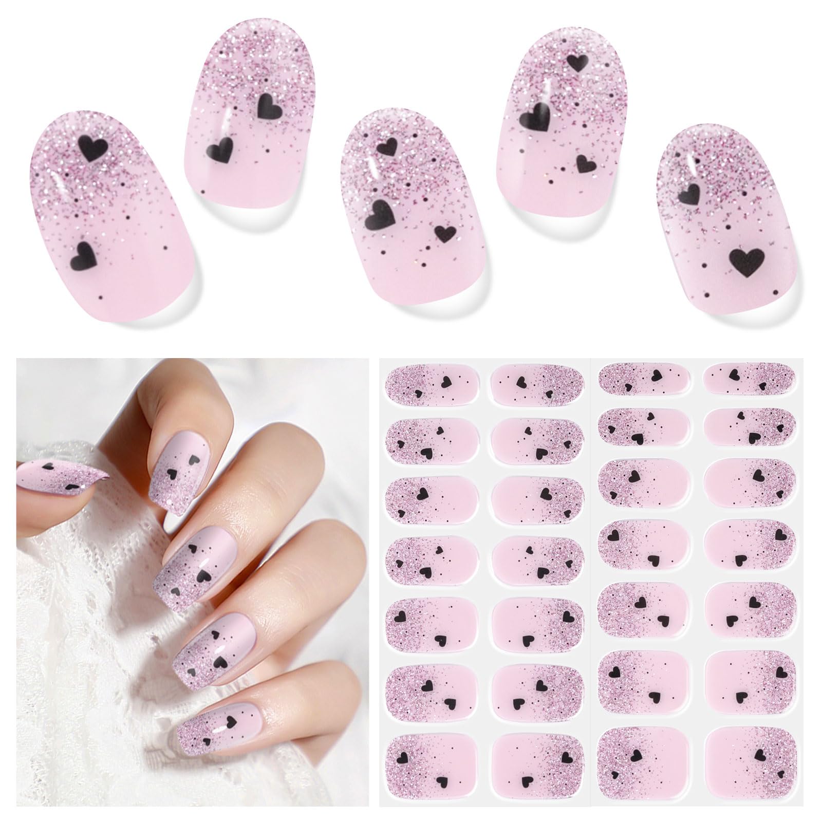 Semi Cured Gel Nail Strips,28 pcs Gel Nail Sticers Wraps Heart,Long Lasting Polish Stickers Work with UV Lamp,Easy to Use — image 1
