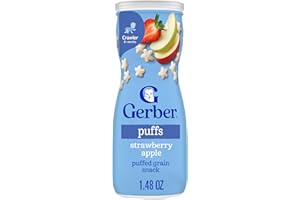 Gerber Stage 3 Baby Snacks, Strawberry Apple Puffs, Puffed Grain Snack, Baby Led Feeding, Iron & Choline, Strawberry Apple Puffs Snacks, 6-Pack