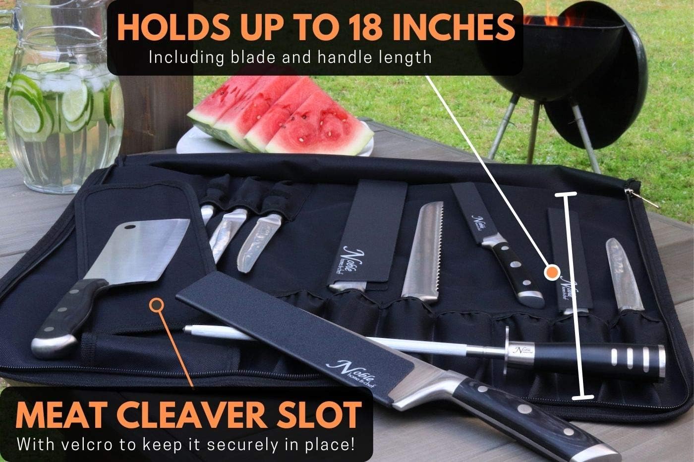 Chef’s Knife Roll Bag (14 slots) Holds 10 Knives PLUS Meat Cleaver, Utility Pocket, AND 4 Tasting Spoons! Our Durable Knife Carrier Includes Shoulder Strap and Name Card Holder. (Knives Not Included): Kitchen & Dining