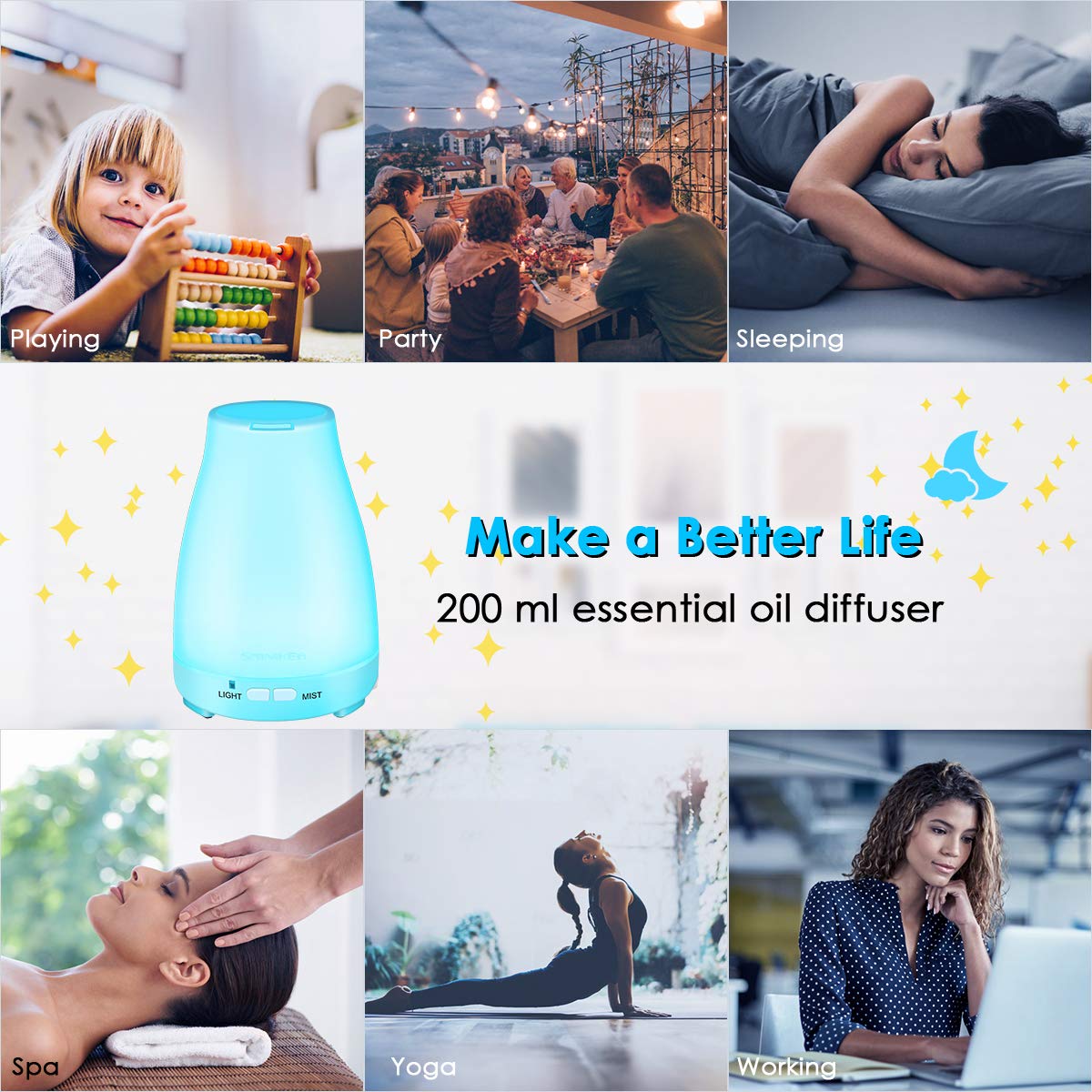 Essential Oil Diffuser 2 Pack Max 200 ML Ultrasonic Cool Mist Humidifiers BPA-Free Aromatherapy Diffuser with Waterless Auto Shut-Off Suitable for Office Home Bedroom Living Room : Beauty