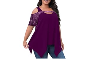 Generic Plus Size Tops for Women Cold Shoulder Sparkle Sequin Short Sleeve Blouses High Low Asymmetrical Irregular Hem Shirts