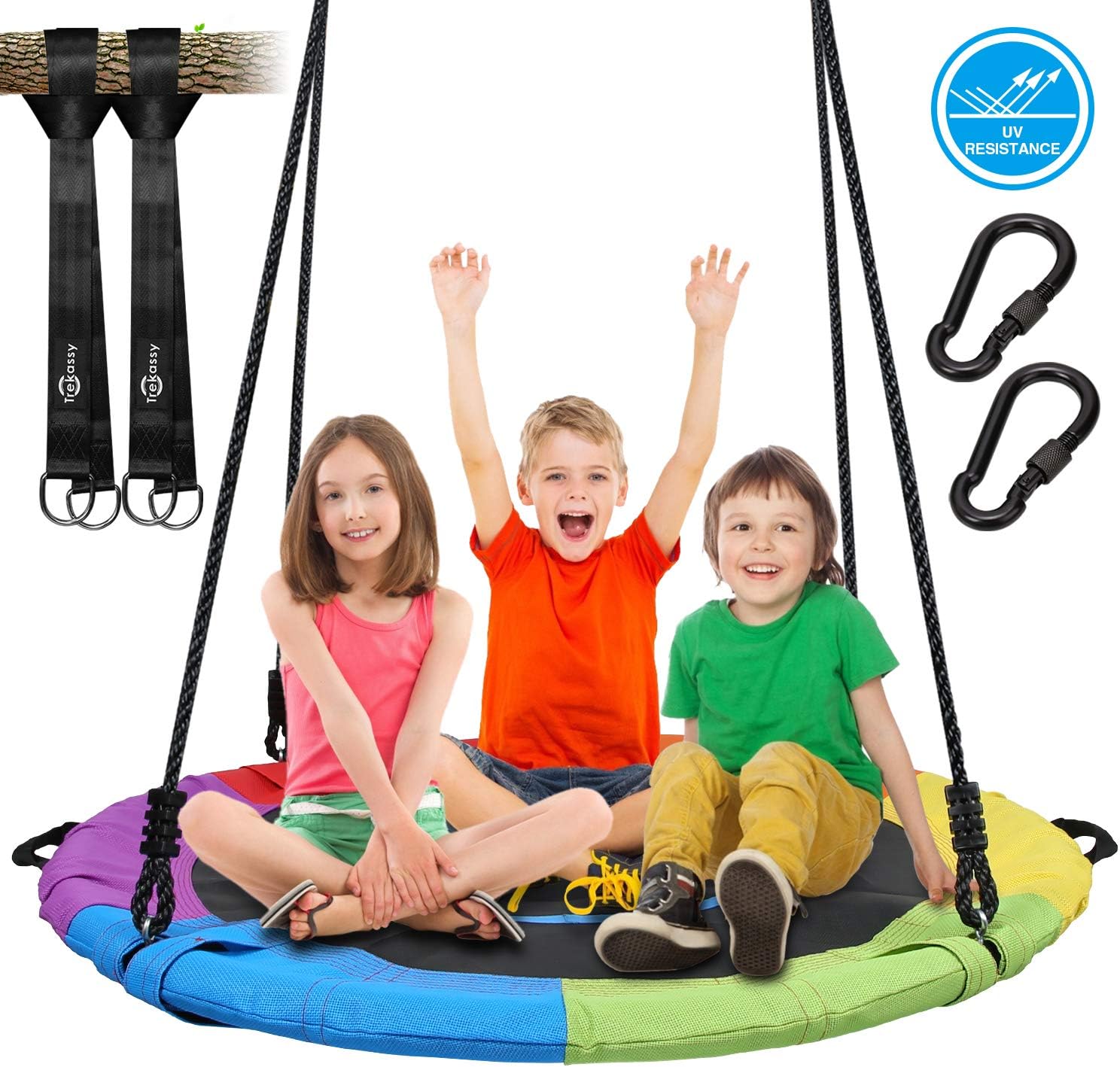Trekassy 700lb 40 Inch Saucer Tree Swing for Kids Adults Textilene Age-Resistant with 2pcs 10ft Tree Hanging Straps, Steel Frame and Adjustable Ropes--Rainbow
