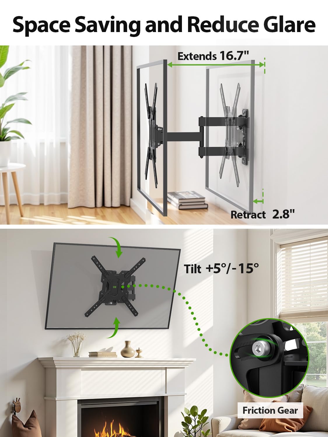 USX MOUNT UL Listed Full Motion TV Mount, Swivel Articulating Tilt TV Wall Mount for 26-55Inch LED, 4K, Wall Mount Bracket with VESA 400x400mm Up to 77lbs, Perfect Center Design -XMM006-1
