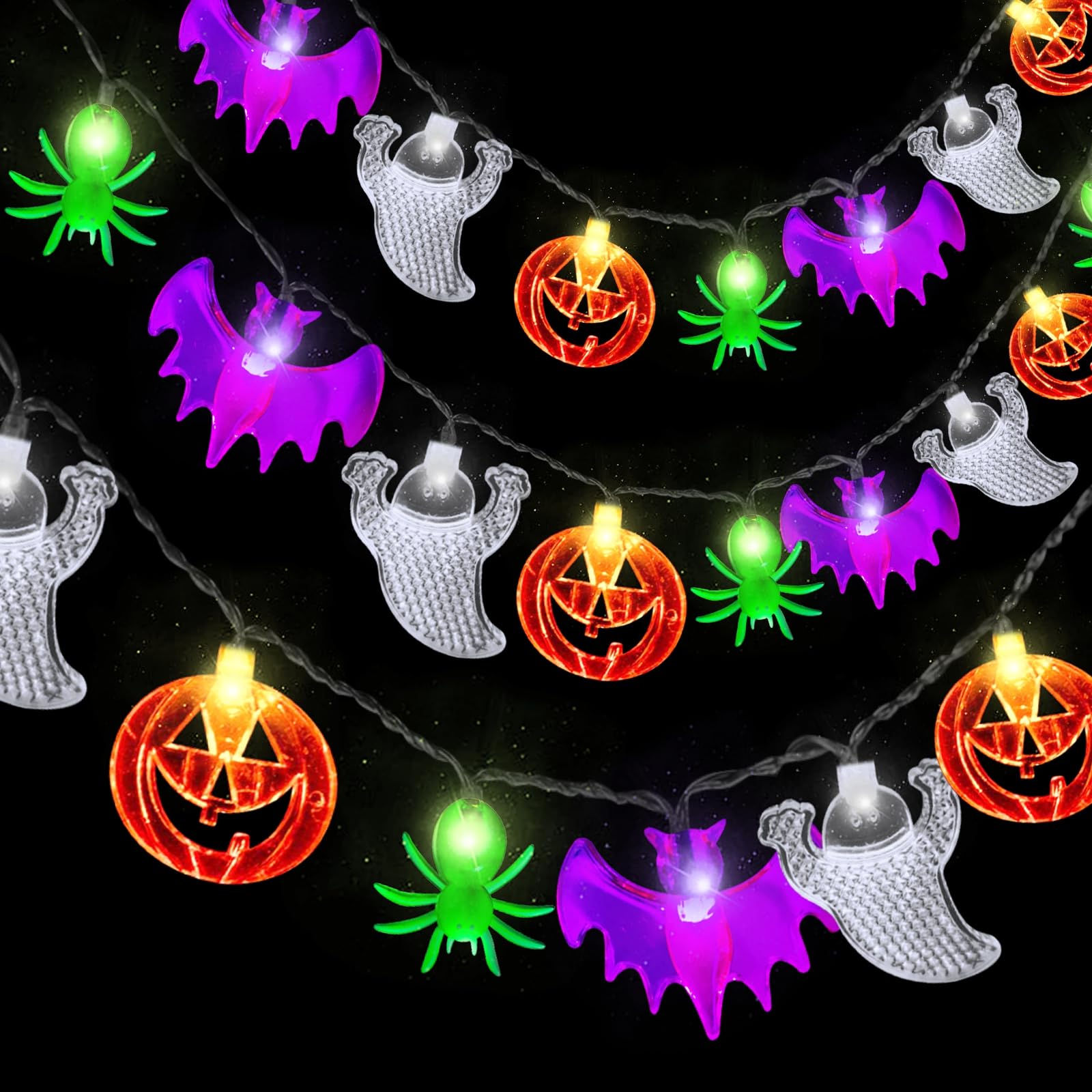 Photo 1 of [Timer & 2 Pack] Halloween Lights Decorations Total 20 Ft 60 LED 4 in 1 3D Pumpkins Bats Ghosts Spiders Halloween String Lights Battery Operated Halloweens Decorations for Home Party Indoor Outdoor