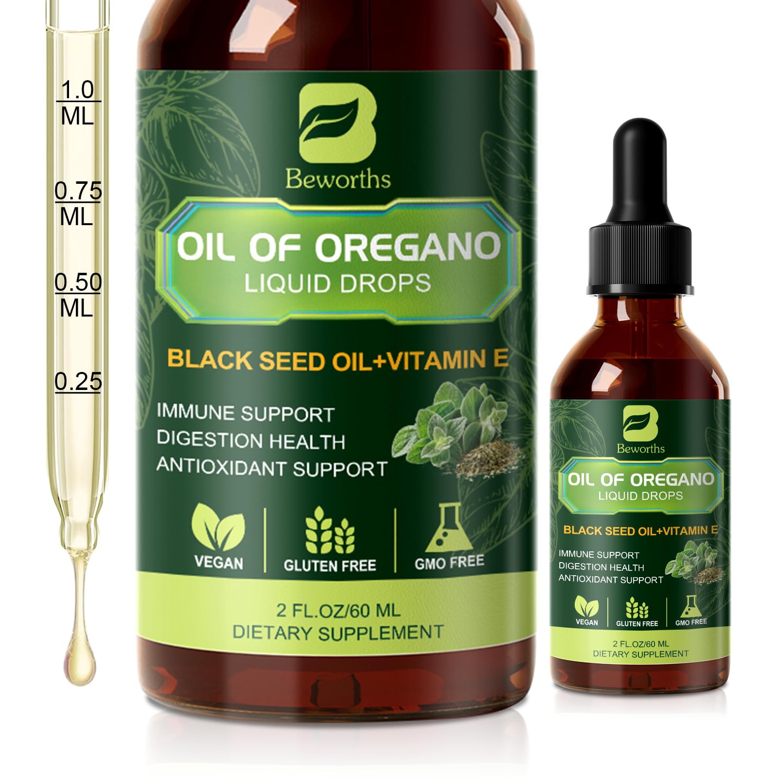 B BEWOTHS Oregano Oil Drops, Oil of Oregano with Black Seed Oil, Vitamin E, 80% Carvacrol & Thymoquinone Oregano Liquid Herbal Blend for Immune, Antioxidant, Digestive Gut Cleanser Support - Vegan