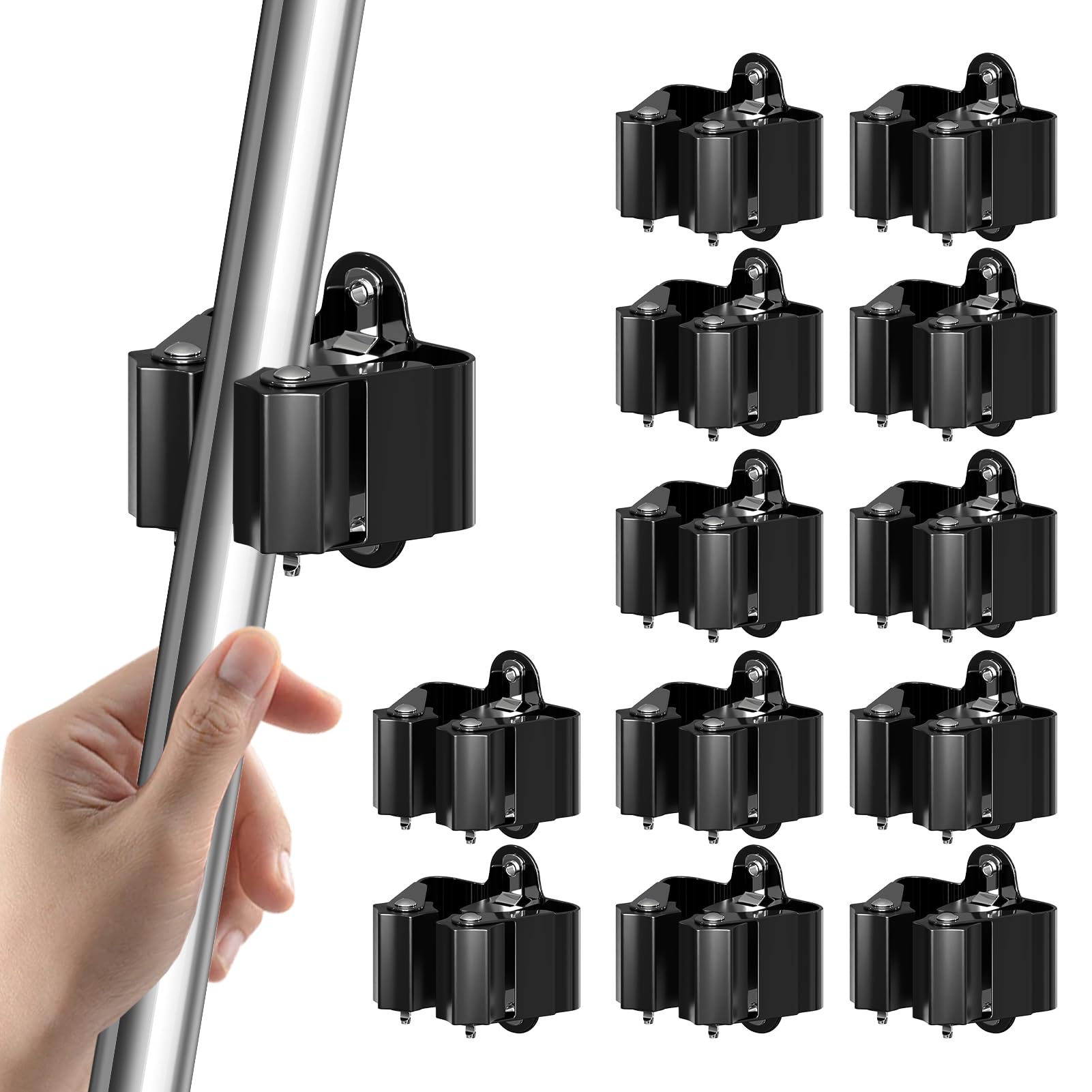 3-H Broom Holder Wall Mounted 12Pcs, Stainless Steel Mop Holder, Broom Storage Heavy Duty Tool Hook Brush Storage Organiser with Non-slip Silicone Gear for Garage Garden Shed Bathroom Kitchen (Black)