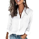 Womens Cotton Linen Textured Shirt Long Sleeve Button Down Collared Blouses Dressy Casual Gauze Tops with Pocket Breathable