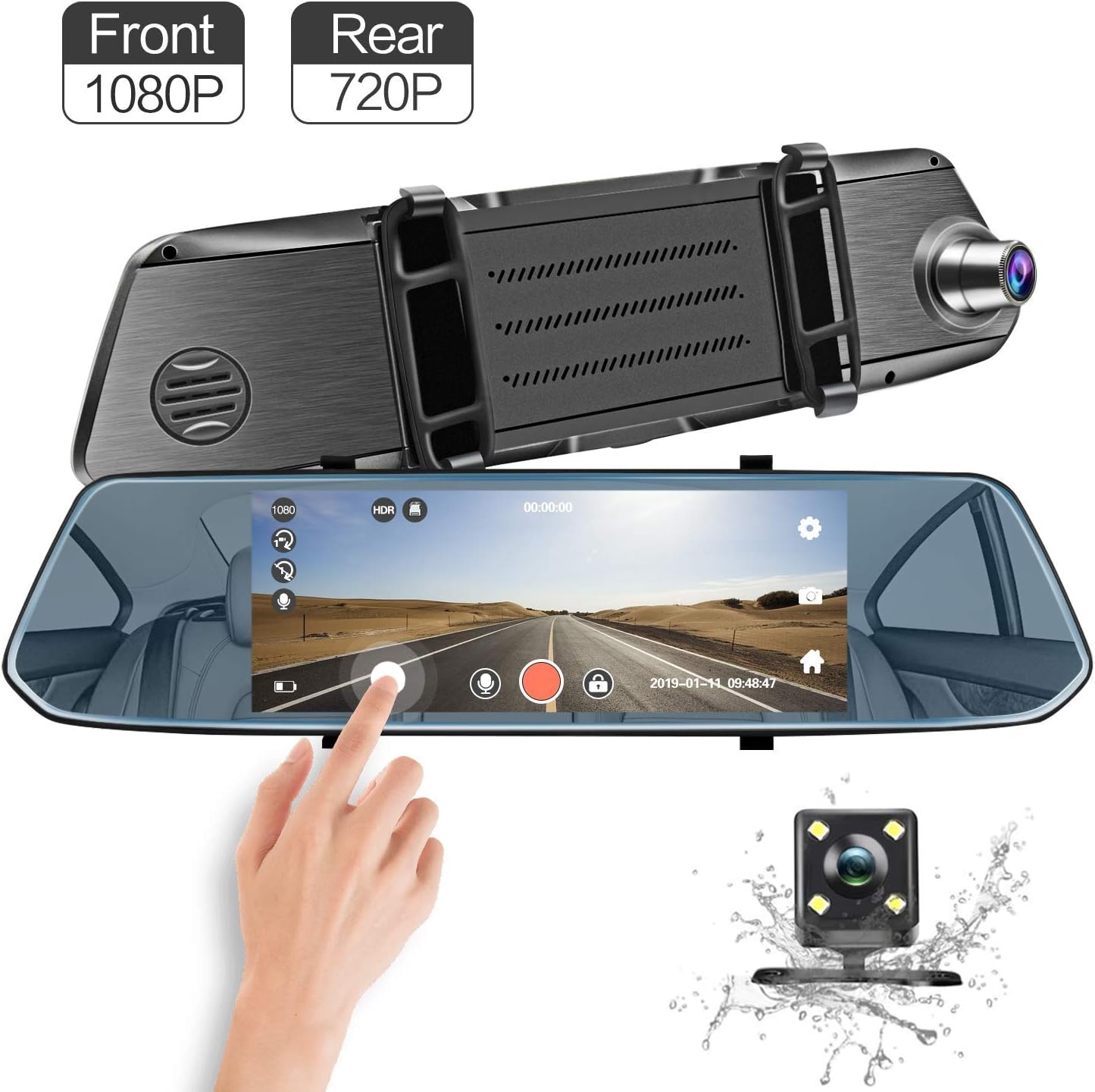 Mirror Dash Cam, 7 Inches 1080P Front & 720P Rear View Full HD Dual Lens Dashboard Camera Car Video Recorder G-Sensor, Parking Assistance, Loop Recording