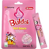 Buldak Carbonara Korean Spicy Hot Chicken Stick Sauce, 0.21 oz 50-Sticks | 50 single-serve sachets for on-the-go; Creamy carbonara heat; Perfect for lunchboxes, travel, and portion control