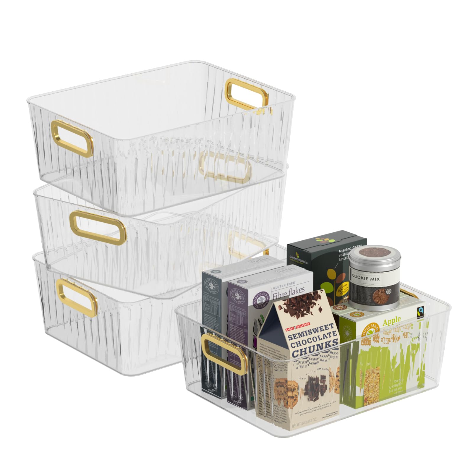 Fosly Clear Pantry Organizer Bin , Plastic Fridge Organiser with Handles Set of 4
