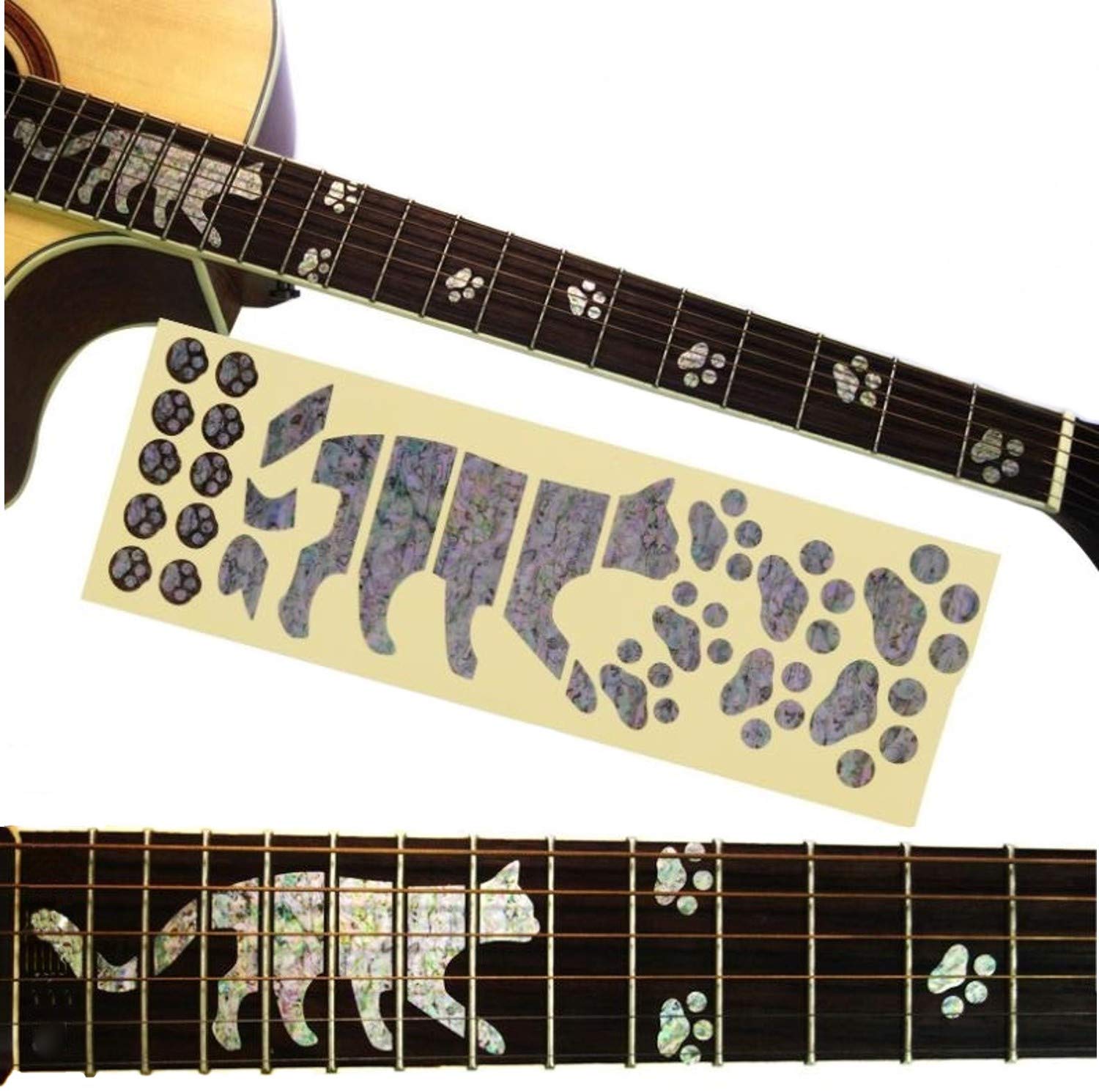 XPデザイン ギター ベース ウクレレ 猫足 インレイ ステッカー フィンガーボード 楽器 反射シール (銀色 猫足デザイン)商品画像