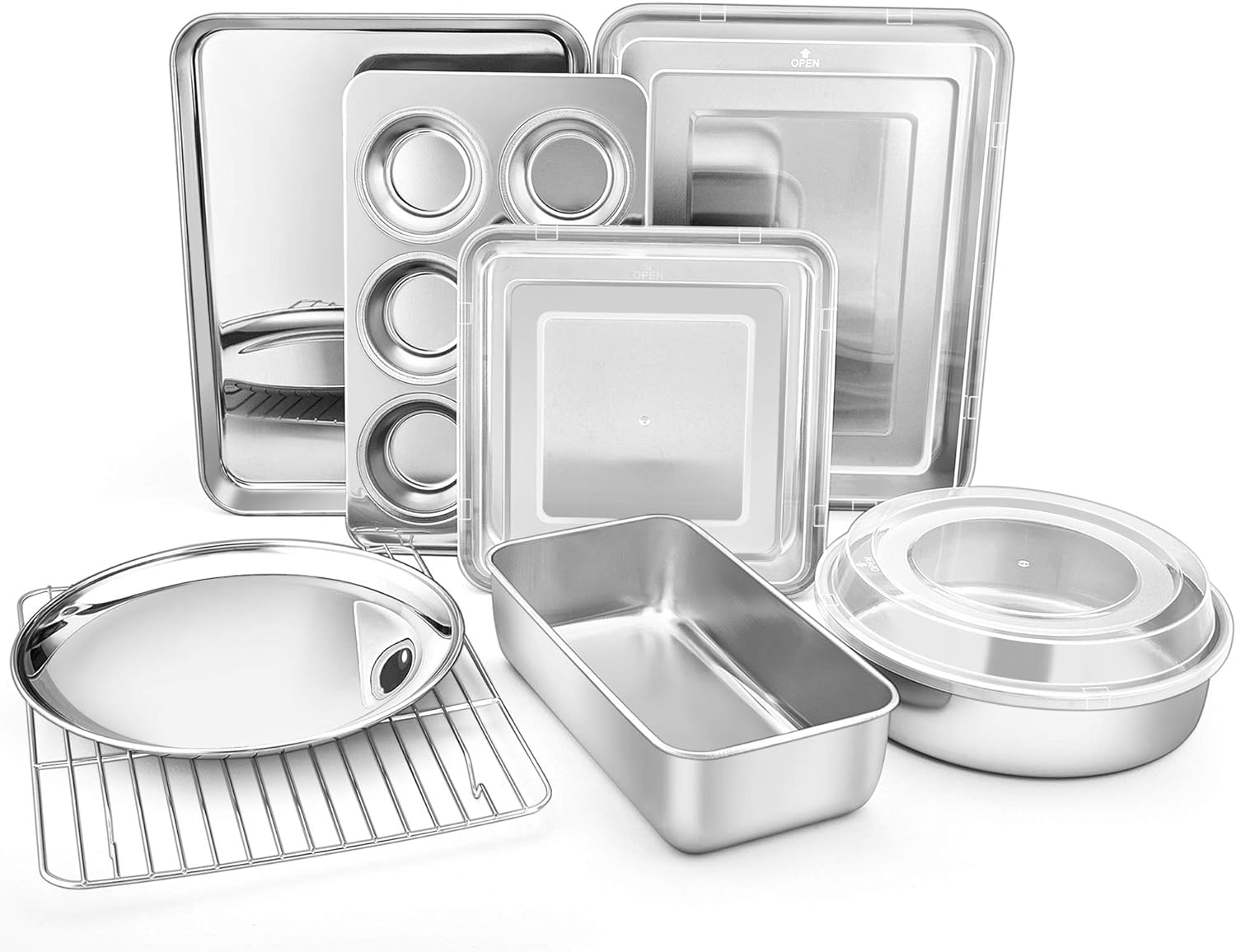 TeamFar Bakeware, Stainless Steel Bakeware Set with Baking Sheet and Rack, Lasagna Pan with Lid, Square & Round Cake Pan with Lid, Muffin Pan & Loaf Pan, Pizza Pan, Healthy & Dishwasher Safe: Kitchen & Dining