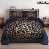 WeCozy Queen Size Comforter Set with 2 Pillowcases, Navy Blue Boho Gold Mandala Soft 3 Pcs Bedding for Kids and Adults Bedroom Bed Decor