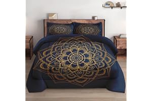 WeCozy 3 Pcs Queen Size Comforter Set with 2 Pillowcases, Navy Blue Boho Gold Mandala Soft Bedding Set for Kids and Adults Bedroom Bed Decor