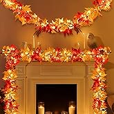 9FT Fall Decorations for Home Large Leaves Fall Garland with Lights Plug in 50 Bulbs Connectable Thanksgiving Garland String Lights for Outdoor Indoor Harvest Fireplace Fall Decor(1 Pack)