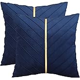 Tosleo Navy Blue Velvet Throw Pillow Covers 18 x 18 inch Pack of 2 with Gold Leather Christmas Decorative Couch Pillowcases Luxury Modern Pillow Cover Spring Home Decor for Sofa Bed Living Room