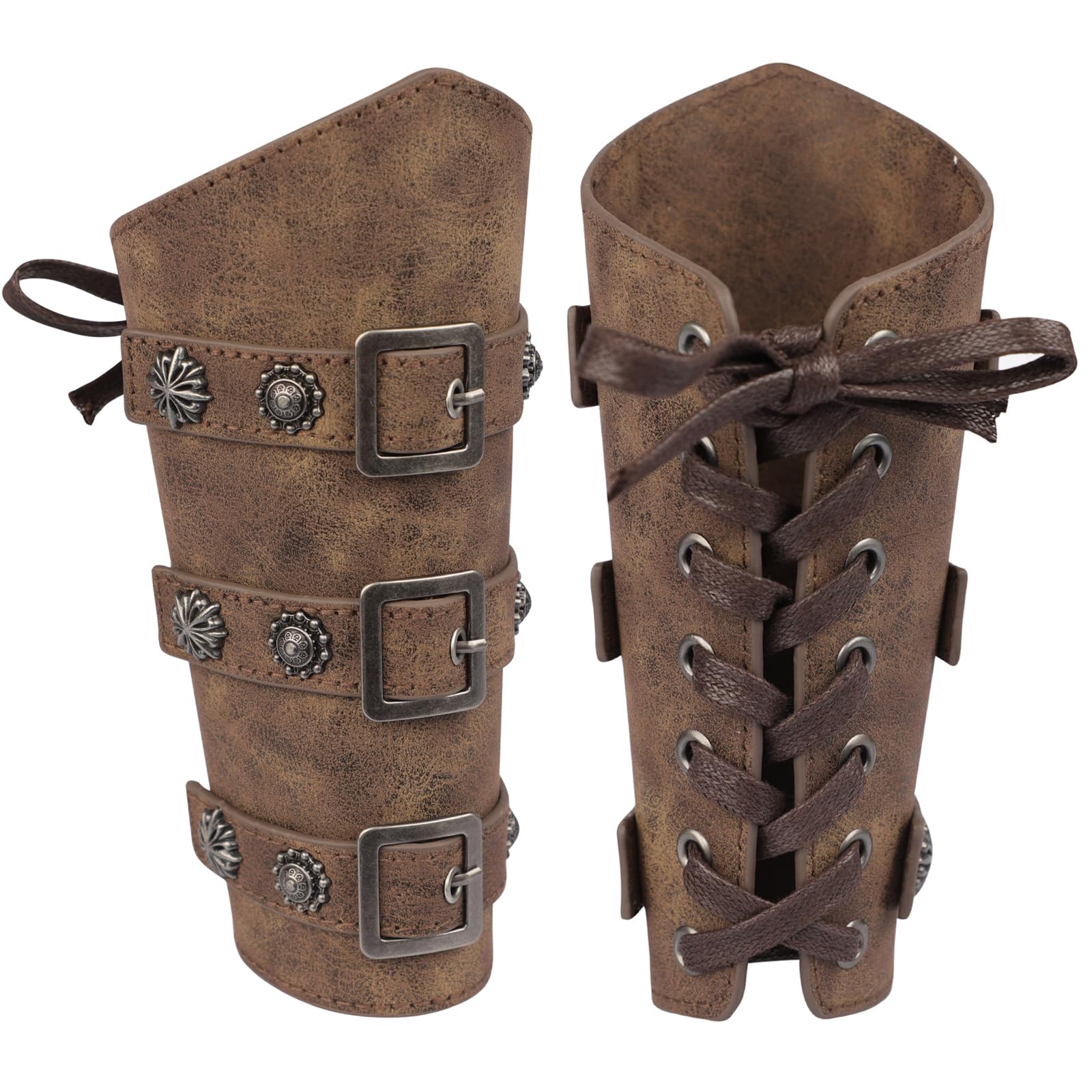 PU Leather Medieval Arm Guard Retro Wide Bracer Arm Cuff Viking Gauntlet Armor Wrist Band Knight Punk Buckle Bracers Cosplay Costume Accessory for Halloween Party (a pair)