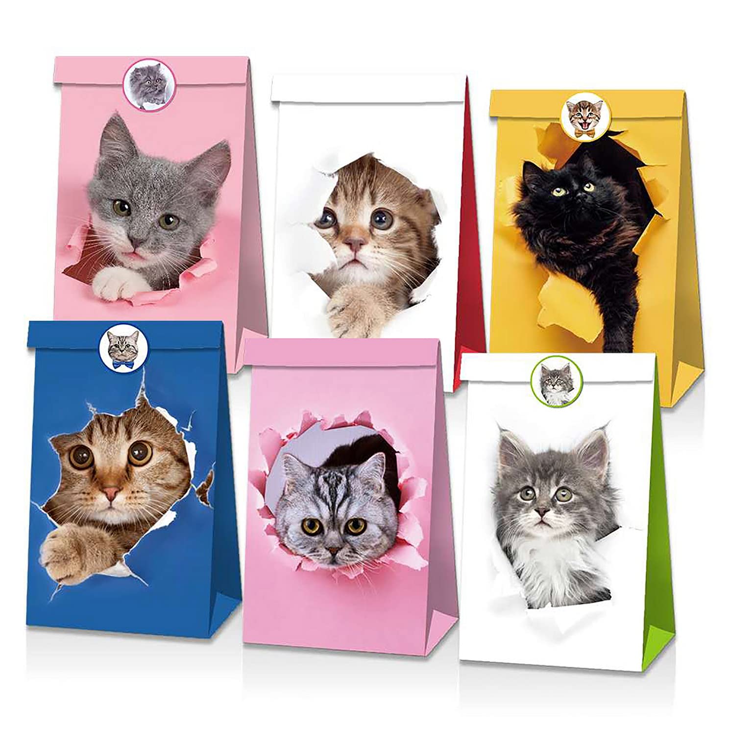 12 PCS Cat Party Favor Bags, Pet Adoption Cat Theme Party Decoration Gift Bags, Kids Birthday Gift Bags with Stickers, Candy Party Gift Bags for Boys, Girls, Kids